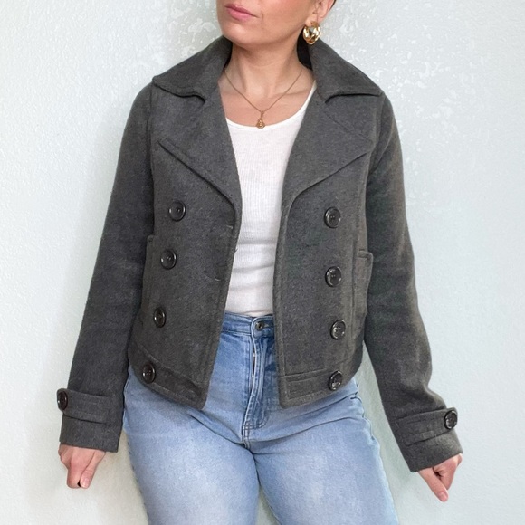 Iris Basic Jackets & Blazers - Gray Cropped Double Breasted Jacket Coat Wool Blend Large